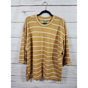 Dip Womens Top Oversized Striped Waffle Knit Short Sleeve Round Neck‎ Mustard L